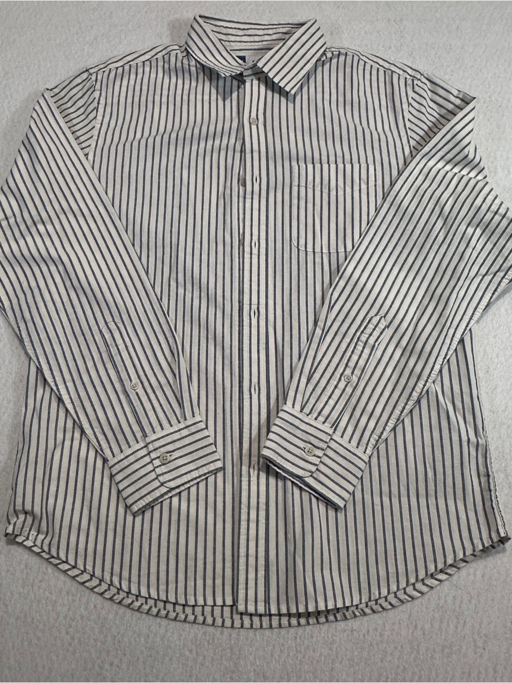 Old Navy Beige Shirt with Navy Vertical Stripes - Button-Down size medium
